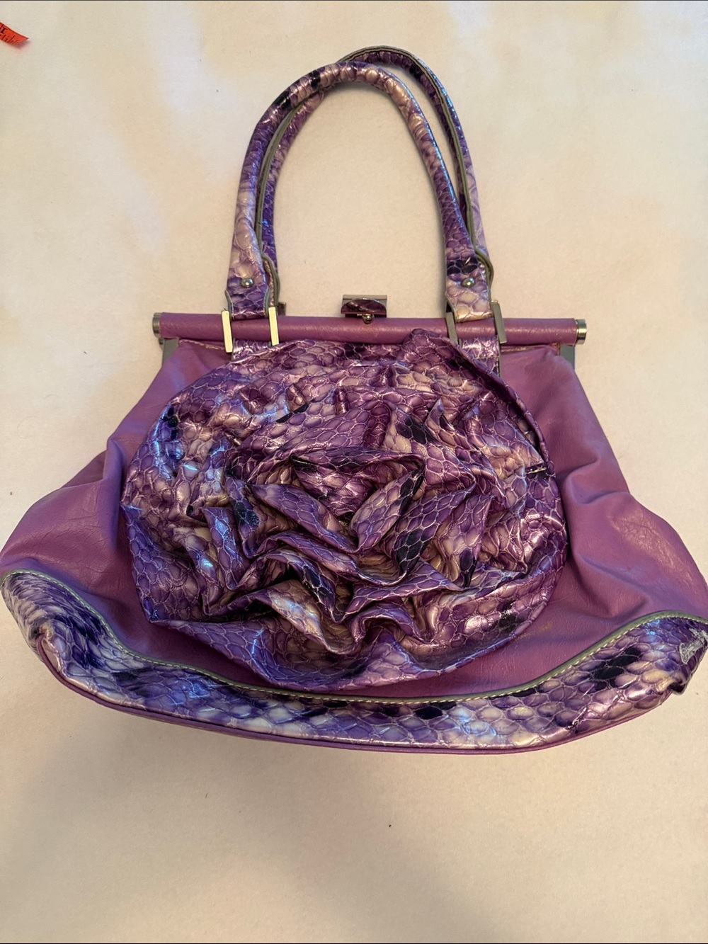 Purple Floral Accent Tote Bag - Women's Handbag Leather reptile skin accents